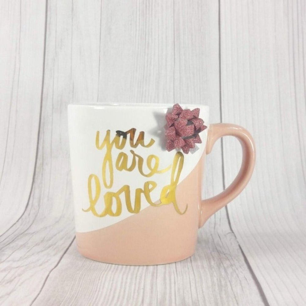 You Are Loved Mug Gift White Pink Love Lovers Coffee Tea Cup with Pink Ribbon